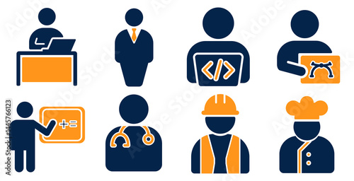 Professional Occupation and Job Role Flat Icon Set, Developer, Doctor, Chef, and Engineer