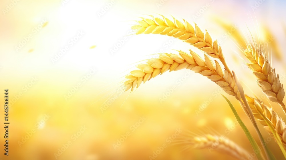 A background of golden wheat fields with grains gently swaying in the breeze, captured under soft sunlight.