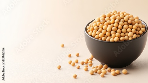 A bowl filled with dried soybeans on a clean, neutral surface, with a scattering of soybeans around it.