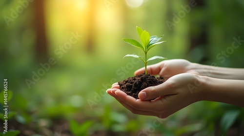 Fototapeta Naklejka Na Ścianę i Meble -  environment Earth Day In the hands of trees growing seedlings. Bokeh green Background Female hand holding tree or plant on nature field grass Forest conservation concept, planting save earth ecology