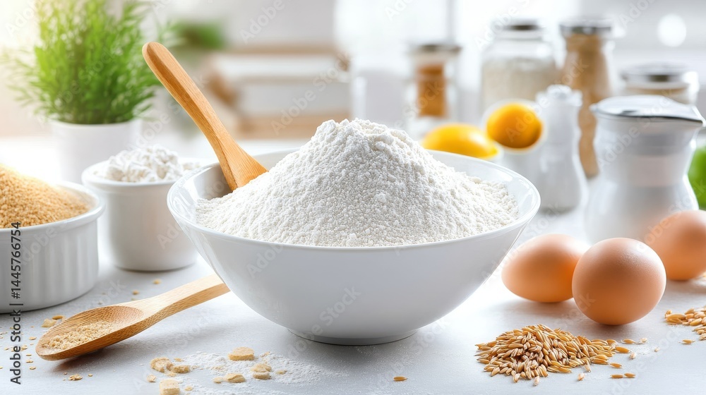 A bowl of wheat flour with a wooden spoon, ready for baking, set on a countertop with baking ingredients around it.