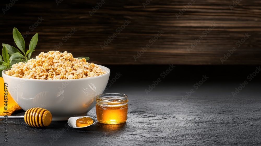 A breakfast scene with a bowl of whole-grain cereal, a spoon, and a small jar of honey, set against a rustic wooden backdrop.