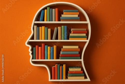 Creative bookshelf shaped like human head filled with colorful books against orange wall symbolizing knowledge learning and intellectual development