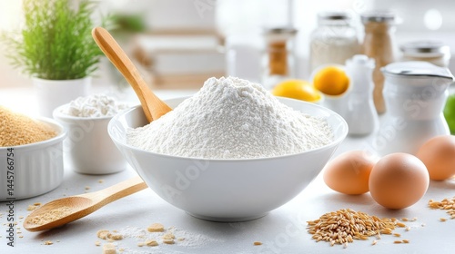 Obraz na płótnie A bowl of wheat flour with a wooden spoon, ready for baking, set on a countertop with baking ingredients around it. w salonie