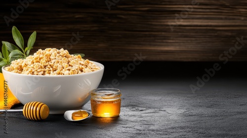Obraz na płótnie A breakfast scene with a bowl of whole-grain cereal, a spoon, and a small jar of honey, set against a rustic wooden backdrop. w salonie