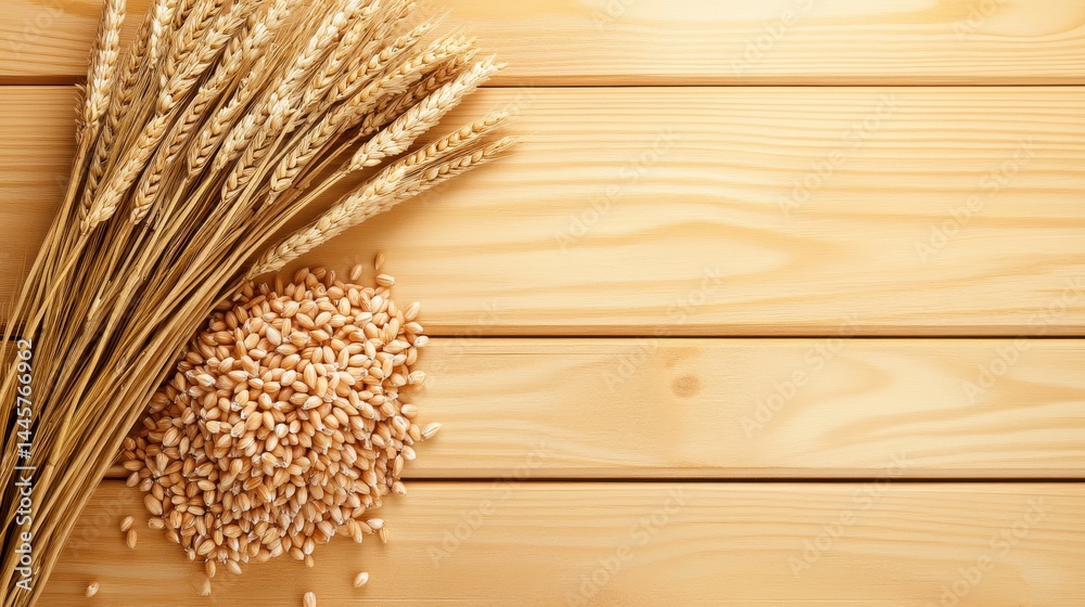 A bundle of dried barley stalks laid beside a pile of raw grains on a rustic wooden table, emphasizing the farm-to-table concept.