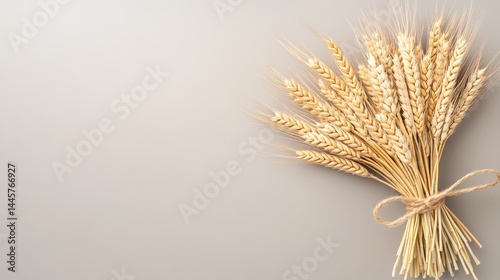 A bundle of ears of wheat tied with twine, isolated on a neutral background for a minimalist look.
