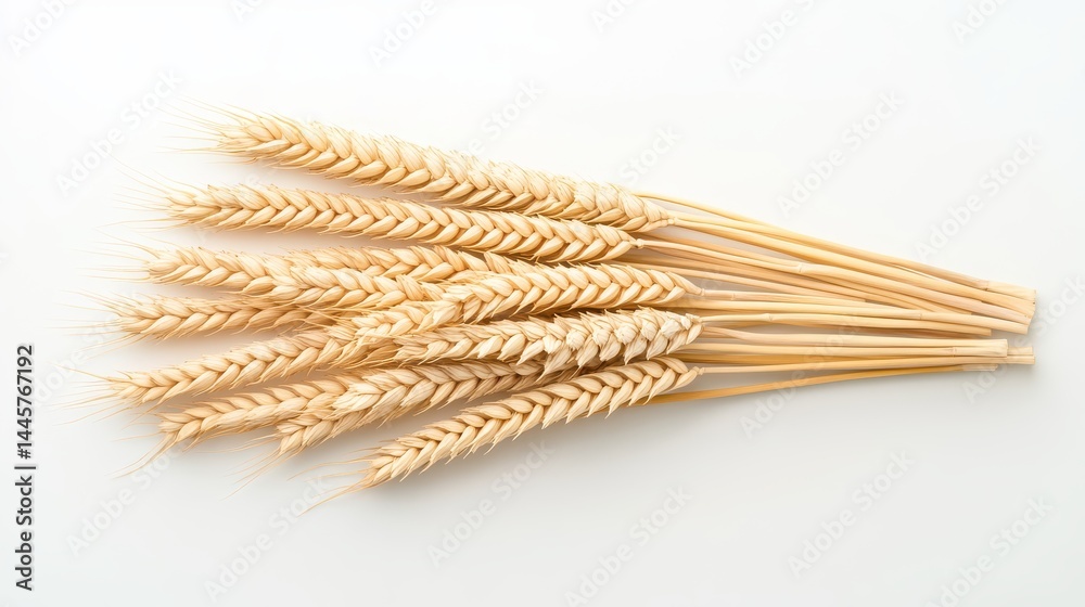 A bundle of wheat ears neatly arranged in a row, showcasing their intricate textures.