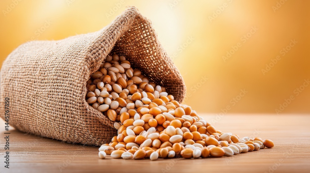 A burlap sack filled with barleycorns, spilling over onto a smooth wooden table, emphasizing their natural and organic appeal.