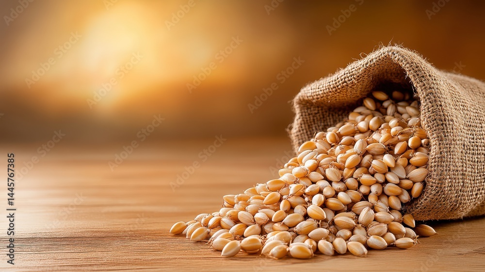 A burlap sack filled with barleycorns, spilling over onto a smooth wooden table, emphasizing their natural and organic appeal.