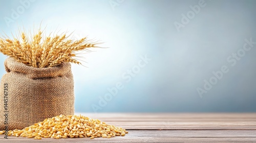 Obraz na płótnie A burlap sack filled with golden barley grains, slightly spilling onto a rustic wooden surface, with a neutral background and copy space. w salonie