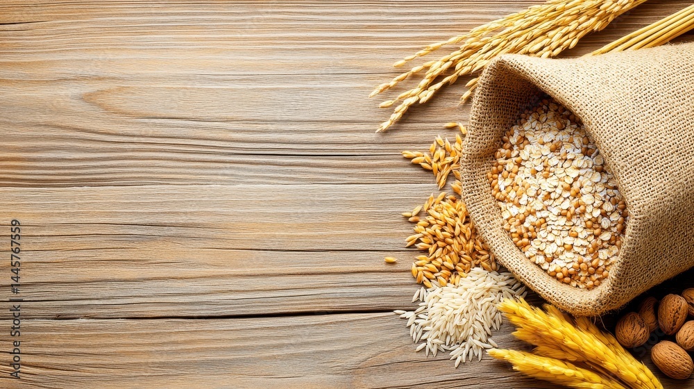 A burlap sack of assorted food grains, such as oats, rice, and barley, placed on a vintage wooden table in a rustic kitchen.