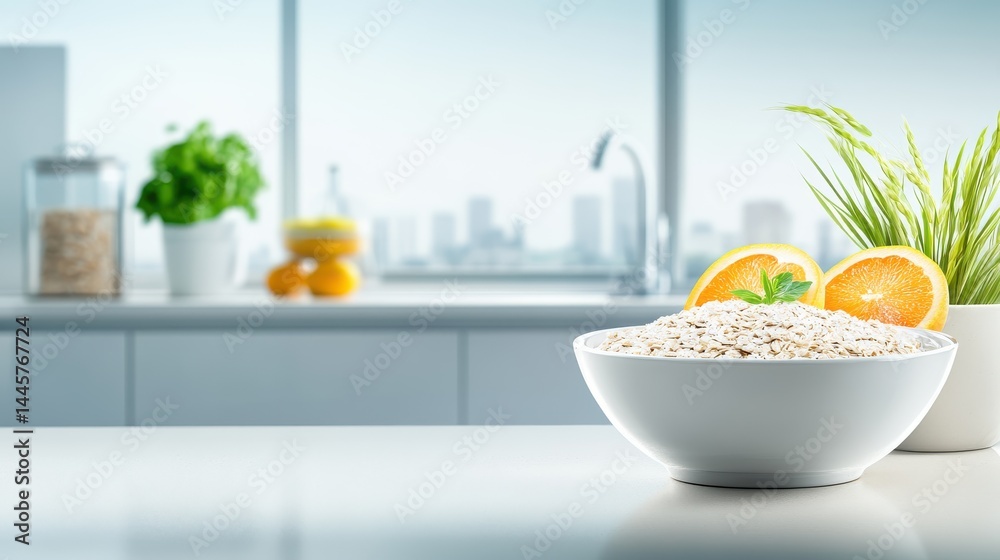 A clean and fresh bowl of white oats on a kitchen counter, ready for breakfast preparation, with a simple background.