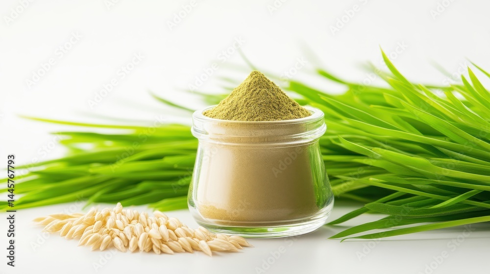 A clean, minimalistic image of a small glass jar filled with wheatgrass powder, surrounded by fresh wheatgrass plants.