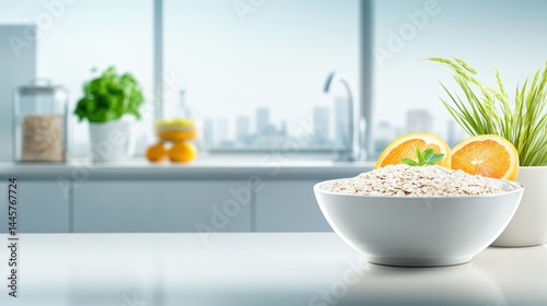 Obraz na płótnie A clean and fresh bowl of white oats on a kitchen counter, ready for breakfast preparation, with a simple background. w salonie
