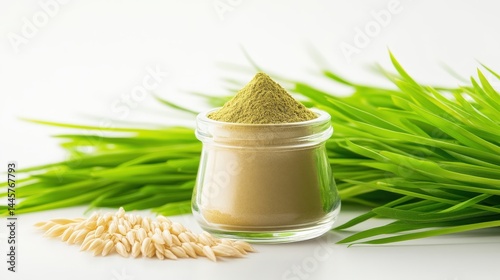 Obraz na płótnie A clean, minimalistic image of a small glass jar filled with wheatgrass powder, surrounded by fresh wheatgrass plants. w salonie