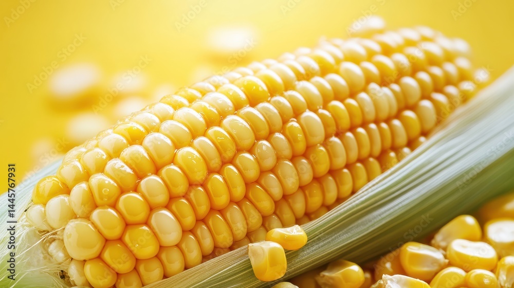 A close-up macro shot of a perfectly structured ear of corn, highlighting individual glossy kernels.