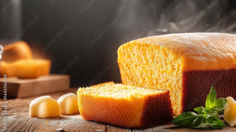A close-up of a freshly cut loaf of corn bread with a soft, moist interior, placed on a rustic table with a simple kitchen backdrop.