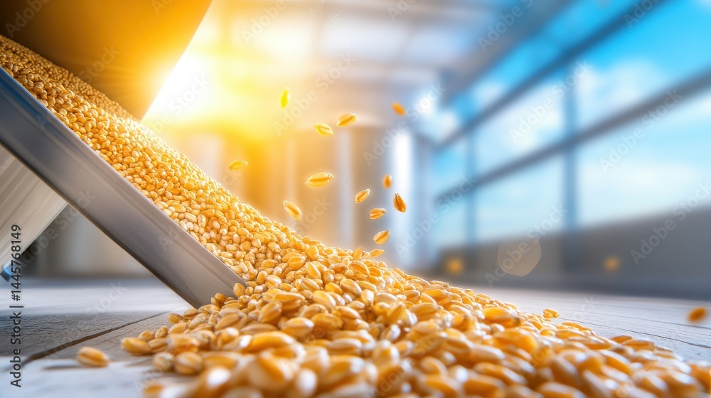 A close-up of a grain storage bin inside a grainery, with grains spilling out onto the floor in natural light.