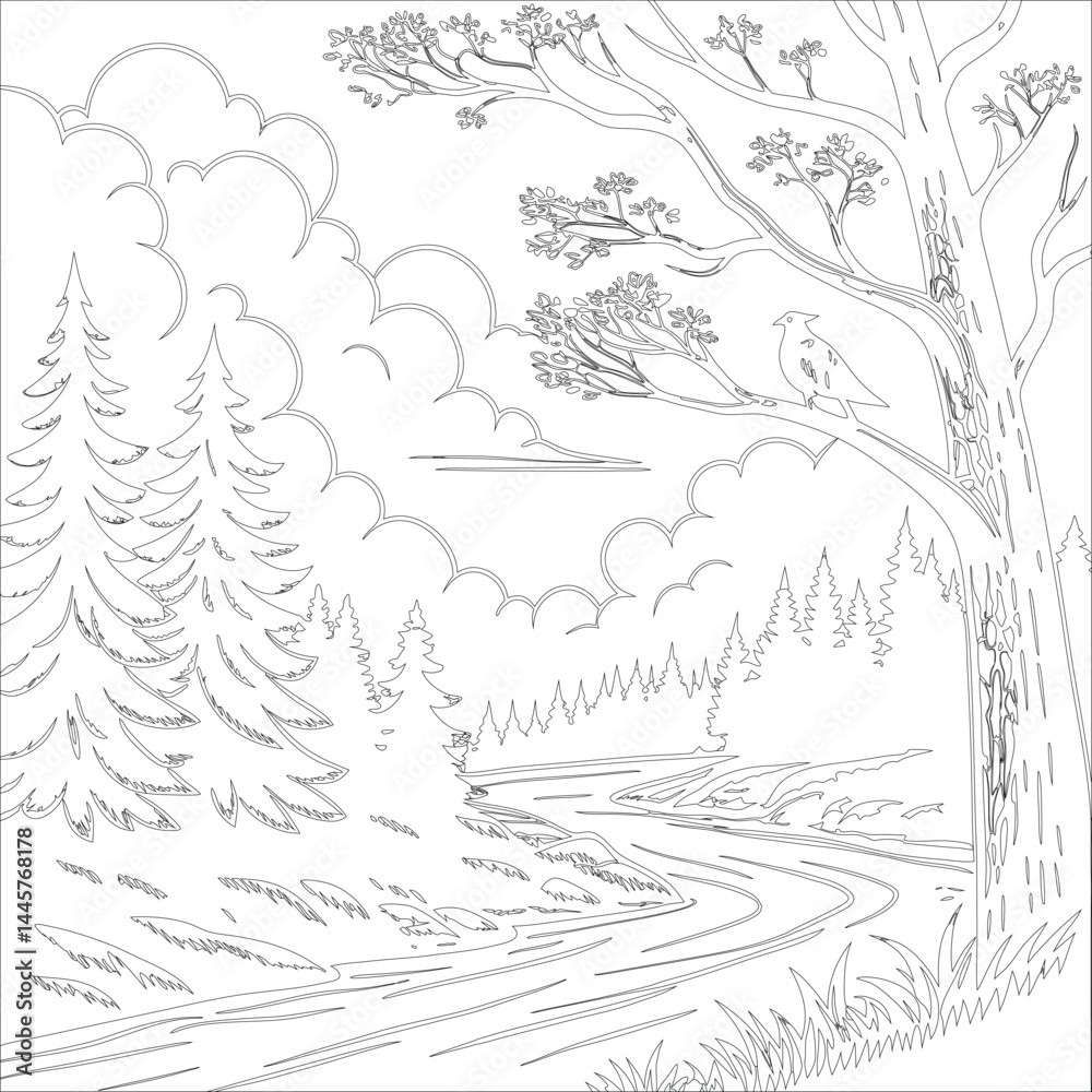 Fototapeta premium Hand-drawn vector landscape for coloring book layered illustration design