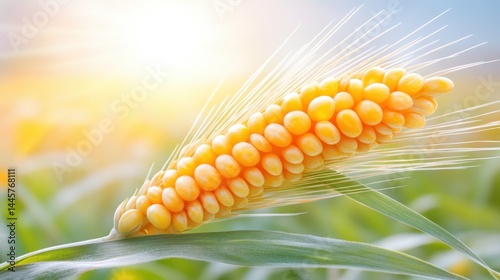 A close-up of a cereal ear just beginning to ripen, with vibrant yellow grains and soft morning sunlight, set in a field of crops.