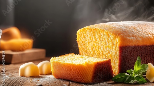 A close-up of a freshly cut loaf of corn bread with a soft, moist interior, placed on a rustic table with a simple kitchen backdrop.