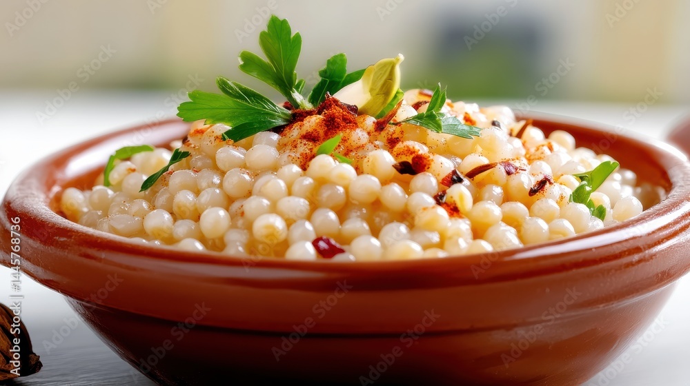 A close-up of cooked pearl barley served in a rustic bowl, garnished with herbs and spices, ready to be served.