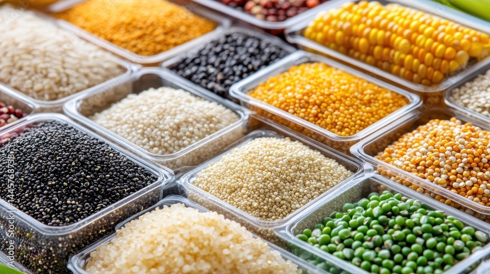A close-up of colorful grains like quinoa, rice, and corn in transparent containers for an organic market.