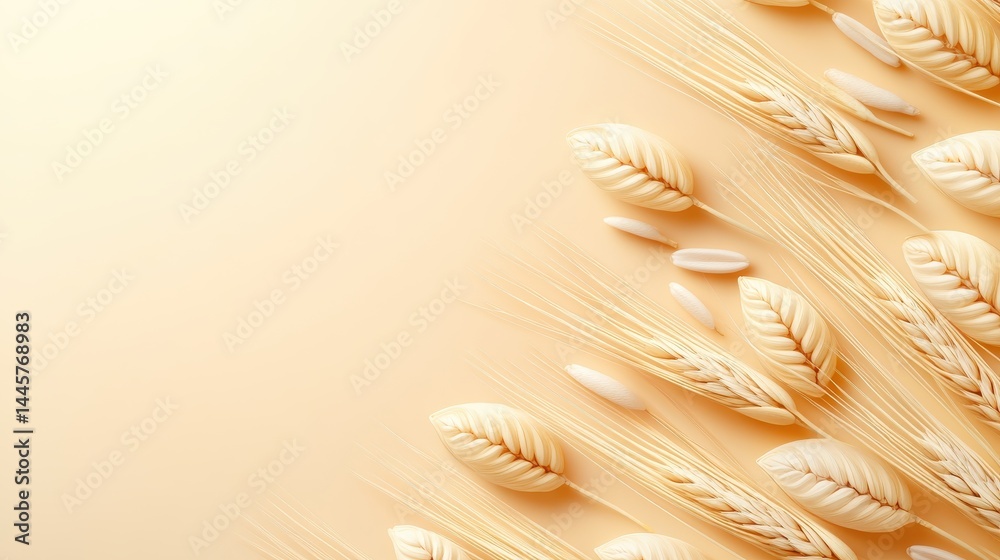 A close-up of individual wheat grains arranged in a neat pattern on a soft beige background.