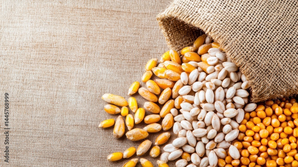 A close-up of grains spilling from a burlap sack, showcasing their texture and natural colors, with a rustic background.