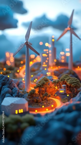 Scenic wind turbine landscape at sunset with glowing lights natural surroundings of mountains fields grass and rocks  Renewable energy clean power