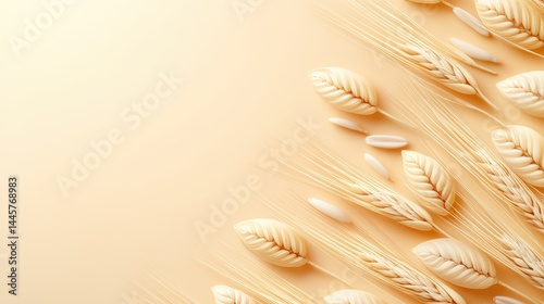 Obraz na płótnie A close-up of individual wheat grains arranged in a neat pattern on a soft beige background. w salonie