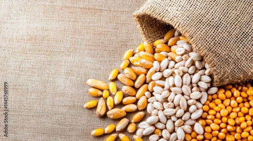 A close-up of grains spilling from a burlap sack, showcasing their texture and natural colors, with a rustic background.