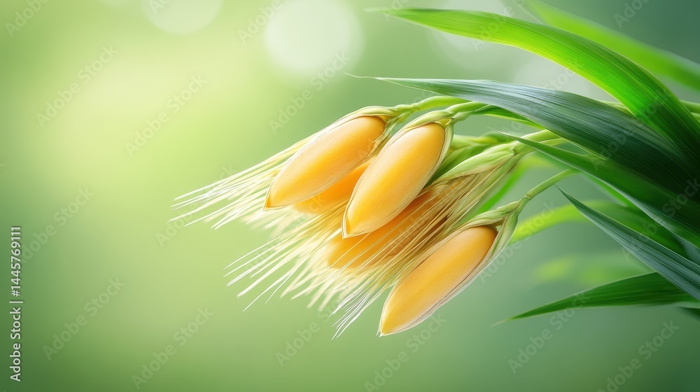 A close-up of ripe barley and wheat grains still attached to their stalks, creating a striking contrast with the surrounding greenery.