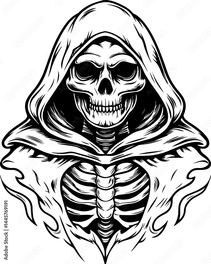 Fototapeta premium Dark Reaper Skeleton Lord in SVG vector style. Grim Reaper in Hooded Cloak with Skull and Skeleton Design Art