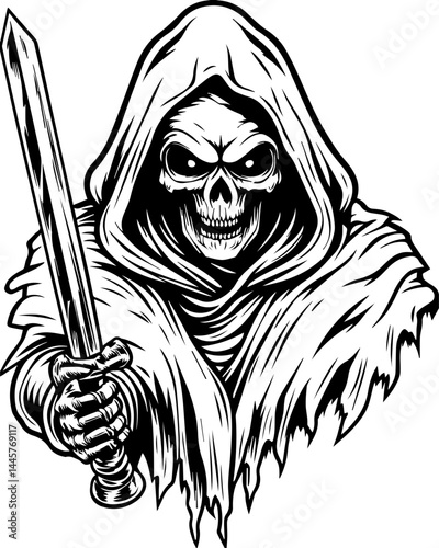 Dark Reaper Skeleton Lord in SVG vector style. Grim Reaper with Sword and Menacing Expression in Monochrome Style