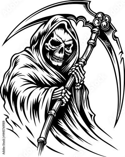 Dark Reaper Skeleton Lord in SVG vector style. Grim Reaper with Scythe in Dark Hooded Cloak Illustration