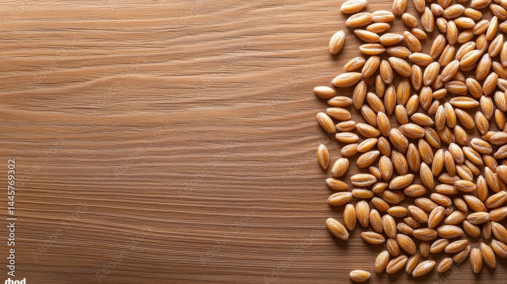 A close-up of raw rye grains spread evenly on a rustic wooden surface, showcasing their elongated shape and earthy brown tones.