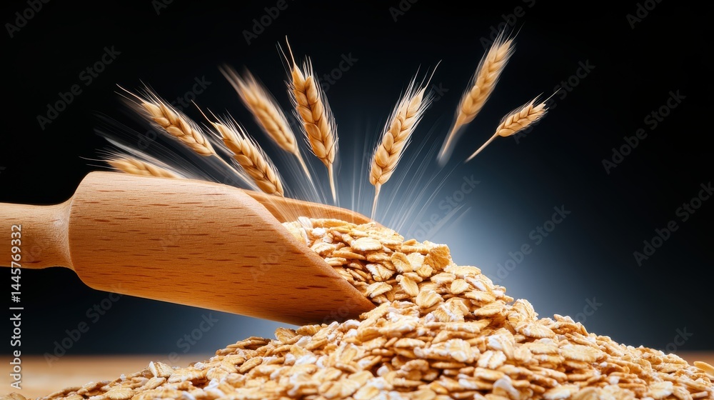 A close-up of whole grain oats spilling from a wooden scoop, highlighting the natural texture and rough surface.