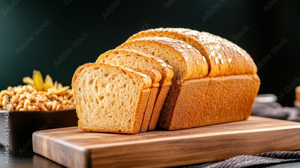 A close-up of whole grain bread on a wooden cutting board, with slices neatly arranged, ready to be served.