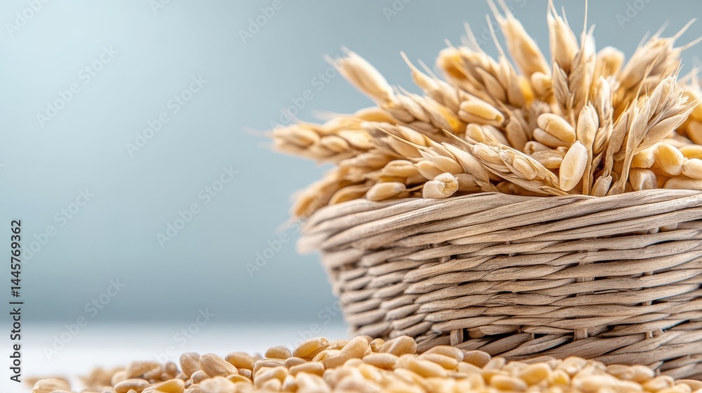 A close-up of whole wheat kernels and wheat bran in a woven basket, showcasing the natural textures and grains.