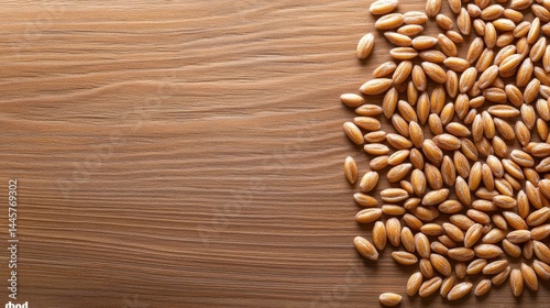 Obraz na płótnie A close-up of raw rye grains spread evenly on a rustic wooden surface, showcasing their elongated shape and earthy brown tones. w salonie