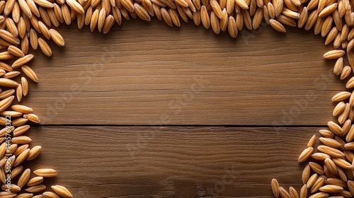 Obraz na płótnie A close-up of raw rye grains spread evenly on a rustic wooden surface, showcasing their elongated shape and earthy brown tones. w salonie