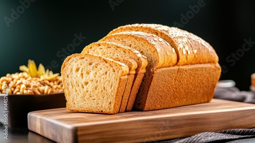 Obraz na płótnie A close-up of whole grain bread on a wooden cutting board, with slices neatly arranged, ready to be served. w salonie