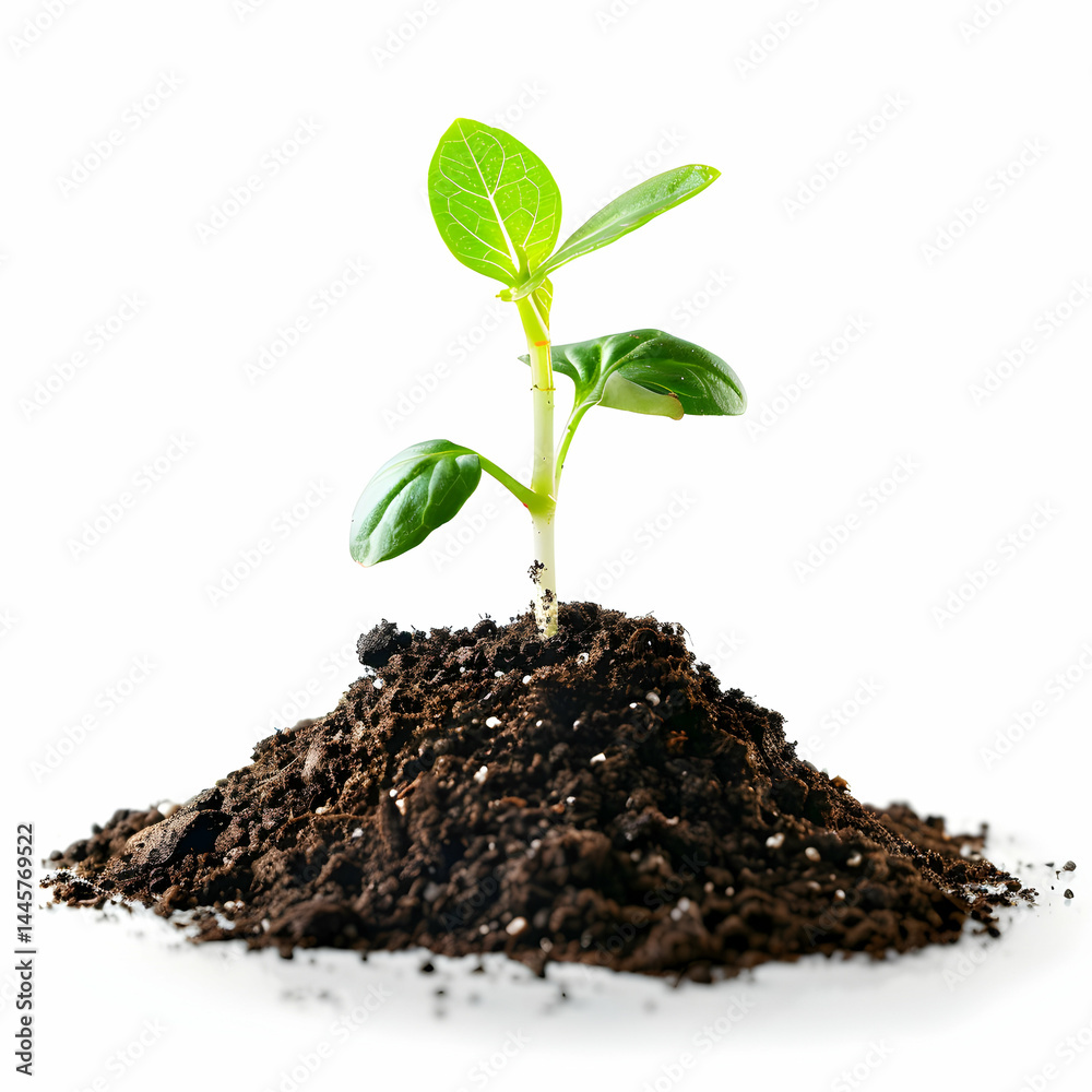 Fresh Seedling Growing from Dark Soil Against White Background Fresh Seedling Growing from Dark Soil Against White Background