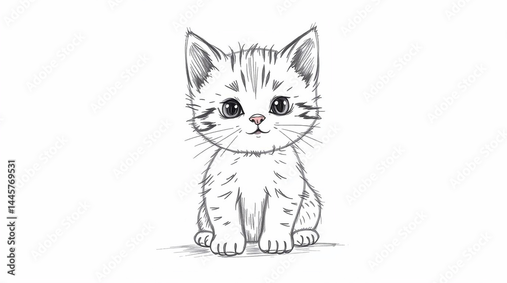 Fototapeta premium Hand-drawn sketch of a cute kitten on a white isolated background, rough textured pencil strokes, charming features, adorable expression, white background.jpg