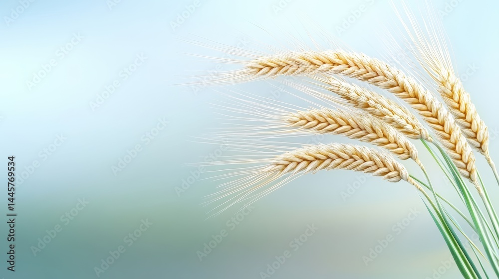 A close-up shot of several wheat stalks with their golden grains clearly visible, set against a minimalist natural background.