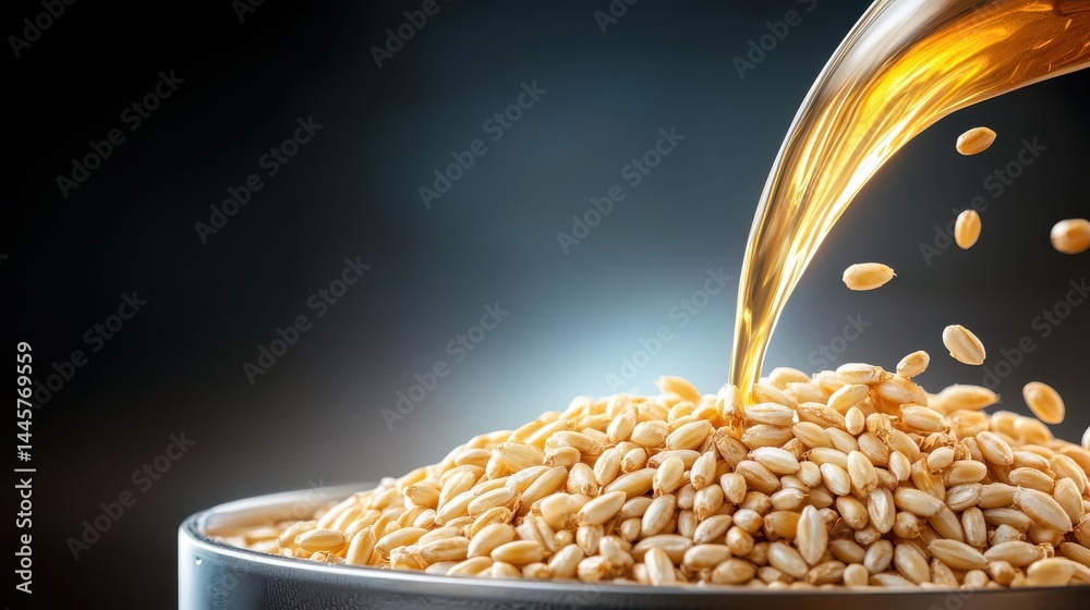 A close-up view of malted barley being poured into a large brewing container, emphasizing the texture and golden color of the grains.