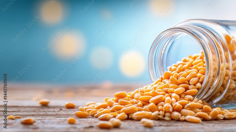 A close-up shot of wheat germ spilling out of a clear glass jar onto a rustic wooden surface, with soft natural light.