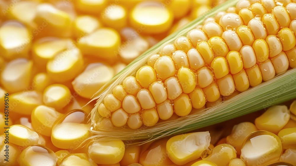 A close-up view of golden corn kernels with water droplets, highlighting their freshness in natural light.